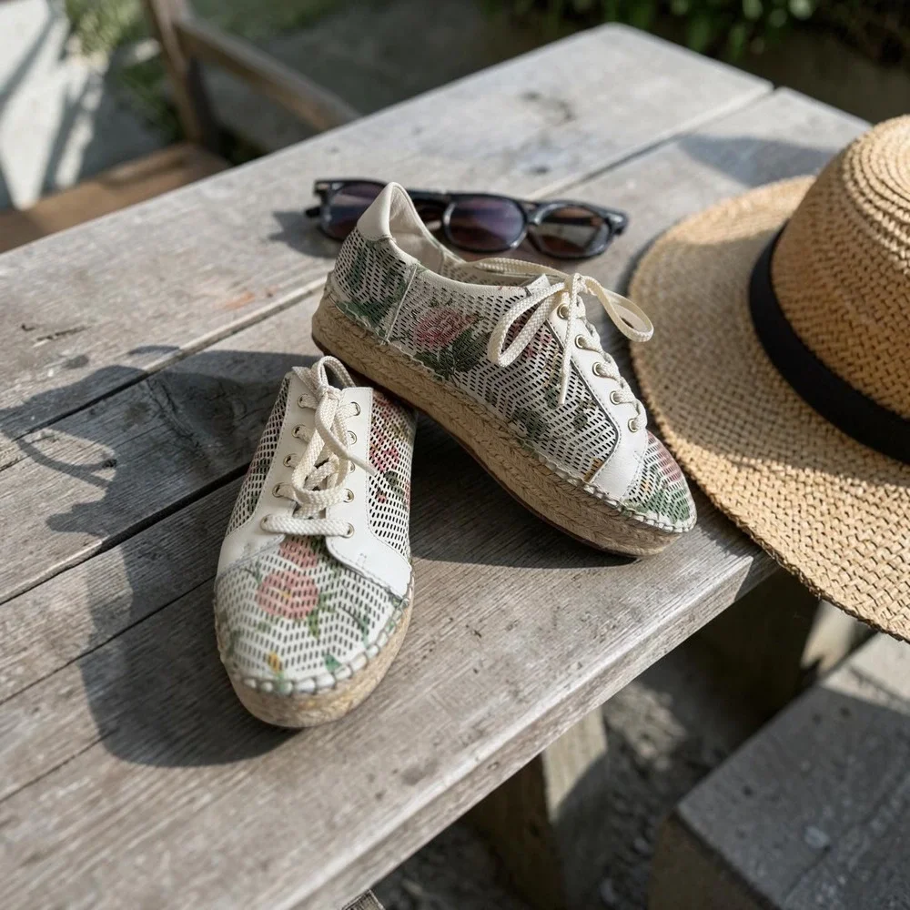 Vince Camuto Floral Perforated Leather Espadrille Platform Sneakers White 7.5